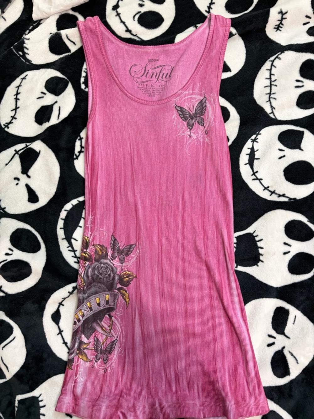 Affliction Pink Butterfly & Rose Graphic Tank